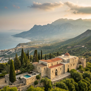 The serene village of Bellapais Monastery nestled in the mountains of Kyrenia, North Cyprus, offers breathtaking views of the coastline.