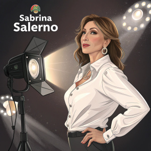 Sabrina Salerno, dressed in a white blouse, posing confidently. Dark background, illuminated by soft studio lights, surrounded by event logos.