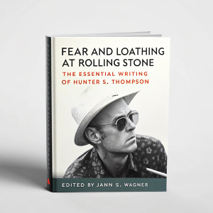 Book cover design featuring 'Fear and Loathing at Rolling Stone: The Essential Writing of Hunter S. Thompson', edited by Jann S. Wagner. A sleek, modern layout with Hunter S. Thompson's iconic image.