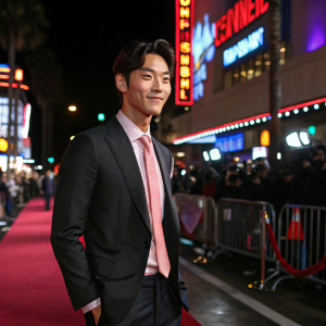 Kim Young-Kwang, a South Korean actor, posing at a Hollywood premiere. He is wearing a dark suit and pink tie. Crowded street with neon lights in the background.