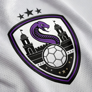 A close-up image of a soccer team emblem. Cobras Saltillo Coahuila's badge featuring a sleek serpent winding around an orb. Purple and black colors with stars and architectural elements evoke historical grandeur.