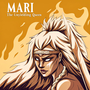 Mari, an anime protagonist, with a fierce look. Flame-filled background, text reads 'Mari: The Unyielding Queen'