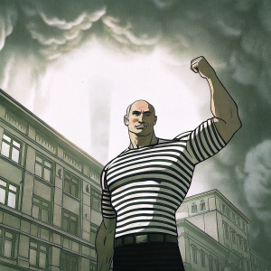 A bold, stylized illustration of Vladimir Putin. Muscular physique, heroic pose. Striped shirt, standing in front of a dramatic, fiery backdrop.