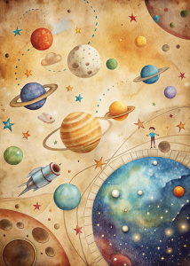clipart -planets  -  on old paper - for escape room printable game -illustration for childrens -
