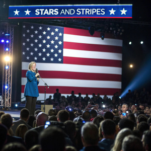 Hillary Clinton addressing a large crowd. Bright stage lights, stars and stripes banner backdrop