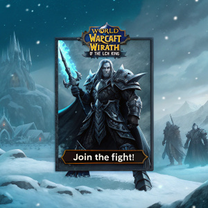 Promotional poster for World of Warcraft Wrath of the Lich King. Character Arthas Menethil, the Lich King, prominently featured. Call to action: 'Join the Fight!'