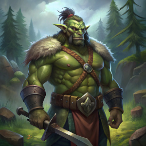 waist-high portrait, male human with sward, 3/4 view, forest on background