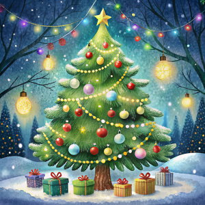 fairy christmas tree decorated Christmas decorations, in winter illustration