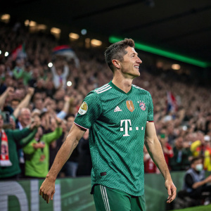 Robert Lewandowski, dressed in vibrant green jersey with Adidas logo, stands confidently on the football field. Background features a crowd of enthusiastic fans.