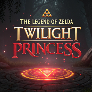 Digital illustration of 'The Legend of Zelda: Twilight Princess' logo. The logo is animated and pulsating with red and gold hues. The background is dark and mysterious.