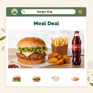 Homepage of a Spanish language digital marketplace. Burger King inspired meal deal. Golden-brown sandwich, brown soda bottle. User-friendly interface. Product descriptions, pricing, ingredient list, prices.