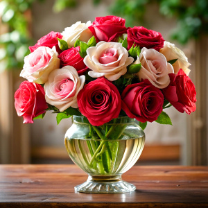 ultra realistic red, pink and white roses in an Victorian style glass vase