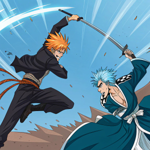 Ichigo and Grimmjow in intense battle stance. Vibrant blue and orange color scheme, action-packed comic book panel.