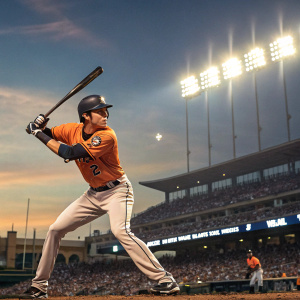 Christian Yelich, MLB player, in intense batting stance. Bright stadium lights, crowd cheering in background. Evening game