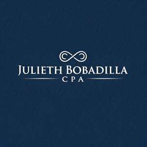 Julieth Bobadilla CPA's logo. Modern design with sleek silver script on a deep navy background. Above the name, a sleek infinity symbol. Registered trademark symbol and license number included. Minimalist yet professional.