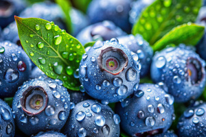 Dewy blueberries with droplets close-up. Spring freshness.
