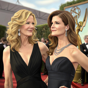 Anna Gunn and Betsy Brandt attend the Emmy Awards. Anna, blonde, wavy hair, deep V-neck black dress. Betsy, brown hair, strapless black dress. Formal evening attire, red carpet event.