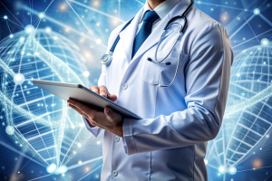 Medicine doctor touching electronic medical record on tablet. DNA. Digital healthcare and network connection on hologram modern virtual screen interface, medical technology and futuristic concept.