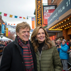 Robert Redford and Lena Olin at the Sundance Film Festival. Sydney Pollack is absent. Colorful, vibrant backdrop.