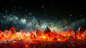 red & orange color big crystals galaxy in horizontal line with top & bottom dissolving into pitch black background