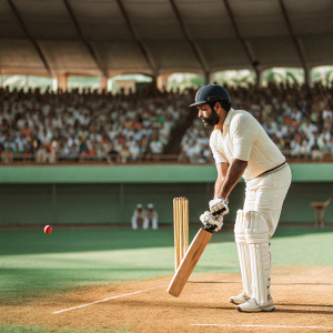 Ravindra Jadeja, intense focus, playing cricket. Bright sunny day, spectators from diverse backgrounds, cheering him on