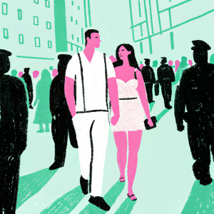 Cristiano Ronaldo and Georgina Rodriguez, walking down a busy city street. Surrounded by police officers. Urban environment with blurred crowd in the background.