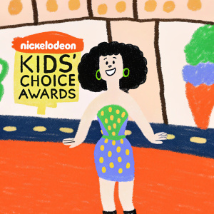 Katy Perry at Nickelodeon Kids' Choice Awards, vibrant setting with Nickelodeon logos. Wearing a sparkly, strapless dress in blue and green hues. Big black hair, happy expression.