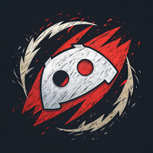 A rough, hand-painted version of the Discord logo. Messy strokes in black, red, and gray colors against a dark background