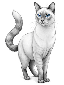  line art, realistic black and white Siamese Cat standing sideways. Black and White Image, thick lines, well defined lines. Coloring page. No Color, No black Shading. Thick lines. size 8.5x11in. Black and White lines only. Use thick lines. Thick LINES. NO SHADING