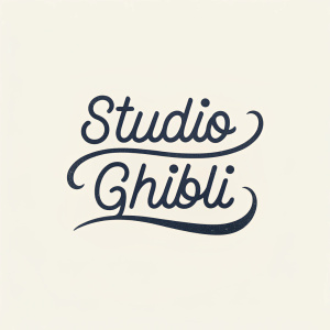 Elegant script logo for Studio Ghibli. Dark text on light background. Hand drawn style, minimalistic design.