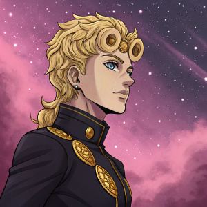 Giorno Giovanna from JoJo's Bizarre Adventure. Caucasian, blonde curls, pale skin. Black outfit with gold. Cosmic, pink background. Digital art.