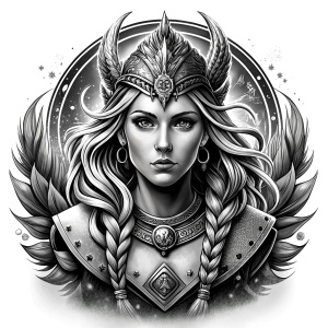 Freya - Nordic Goddess perfect realistic art, high-definition grey and black, white background tattoo design