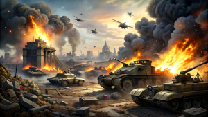 Create an animated, hyper-realistic image that shows the end of the era of war, and a scene destroyed by the fighting