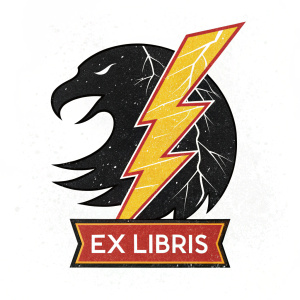 Ex Libris logo. A stylized lightning bolt intertwined with a dark, abstract shape resembling a creature or object. The vibrant lightning bolt contrasts against a black silhouette on a white backdrop. The logo features bold text beneath the design.