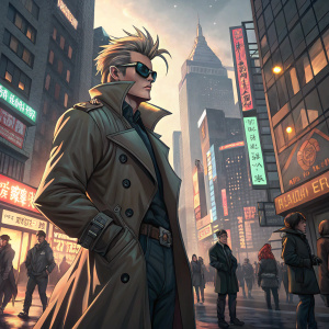 Character Rude from Final Fantasy VII, dressed in a trench coat and sunglasses, standing in a crowded city scene.