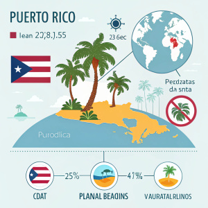 An infographic showcasing Puerto Rico. Highlighting its geographical location on a global map. Features include the coat of arms, symbols representing its natural beauty and digital footprint