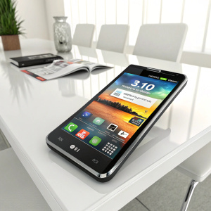 LG Optimus 3D smartphone showcased on a sleek white table. Vibrant display highlighting its 3D features, camera specs, and gaming prowess.