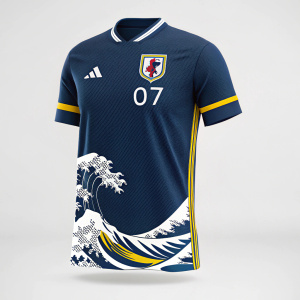 Navy blue soccer jersey design mockup. White and yellow accents highlight the crest emblem, number '07', and wave design. Clear digital image showcasing the details.