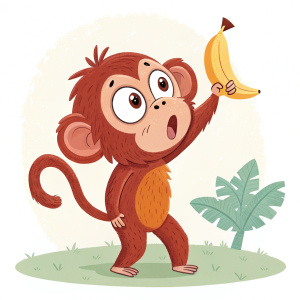 A cartoon monkey, with big eyes, reddish-brown fur, standing upright with a banana in hand. Alert and excited pose