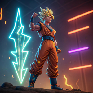 A digital 3D render of Goku from Dragon Ball Z, exuding strength and determination. Surrounded by neon lights and vibrant colors, he stands with a triumphant expression.