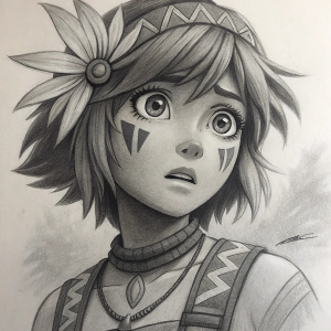 A charcoal drawing of Neeko, an anime character with wide, shocked eyes. The artwork is rough and detailed, highlighting her facial features and accessories.