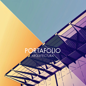 Modern and sleek logo design for 'Portafolio Arquitectura'. Black and white palette. Abstract shapes and Spanish text accompanying the logo.