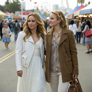Hayden Panettiere and Bethany Joy Lenz at a bustling outdoor festival. Hayden in a white quilted jacket and flowing white dress, Bethany in a brown tweed jacket and casual blouse. Crowds of people in various outfits surround them.