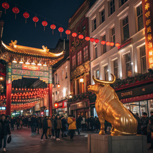 A bustling night scene in London's Chinatown. Golden bull statue illuminated, celebrating Chinese New Year. Ornate building facade, vibrant decorations, and festive lights. Crowds of people enjoying the event. Street photography