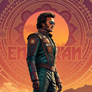 Movie poster for 'Enthiran', vibrant and artistic design. Features Rajinikanth in futuristic avatar. Blending traditional and modern elements. Rich color palette with sunset hues. Text in Tamil, elaborate lettering.