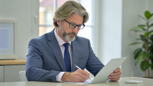 business consultant lawyer reading a contract, signing papers