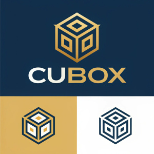 Modern logo designs for Cubox featuring geometric shapes and the brand name 'CUBOX' in bold font. Various backgrounds highlight each design.