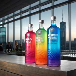 Digital ad showcasing Absolut vodka bottles in vibrant colors. Targeting young professionals, highlights brand uniqueness and quality.