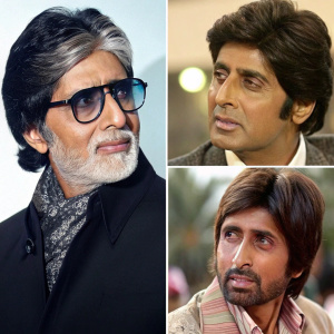 Amitabh Bachchan, the iconic Bollywood star, through the years. Collage of photos from youthful days to his current distinguished look. Close-ups highlighting his versatile expressions and timeless charm.