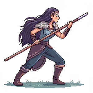 In-game screenshot of Vinterdo. Female character with long, dark-hued hair and a long stick. Pixel art style, limited color palette, plain background.